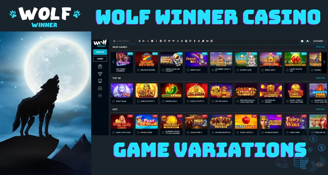 Wolf Winner game variations: rows of pokie tiles in the lobby
