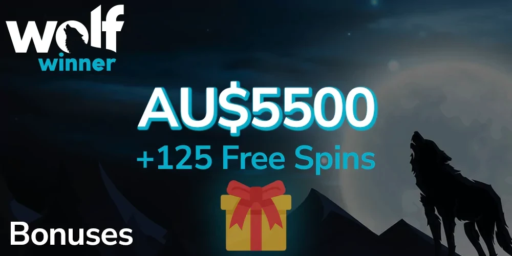 Wolf Winner welcome package banner: AU$5500 and 125 free spins